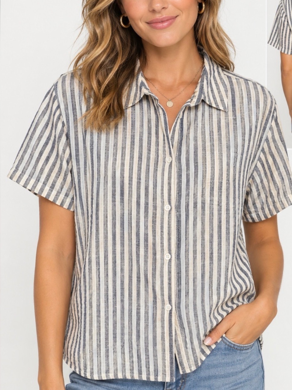 Button-Up Short Sleeve Striped Blouse in Black & Cream